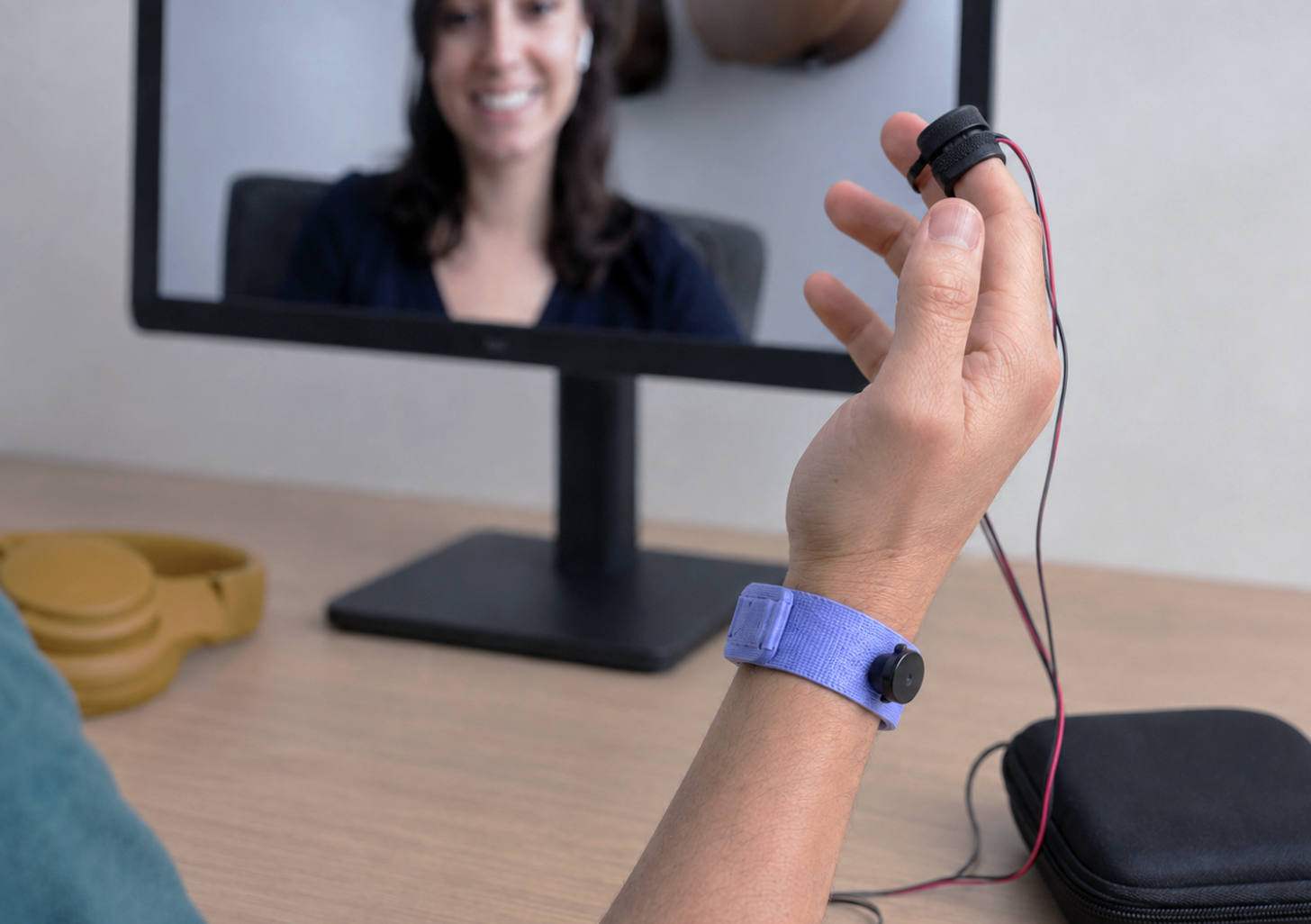 EmbER haptic wristband setup — participant with heart rate sensor and haptic pulse wristband